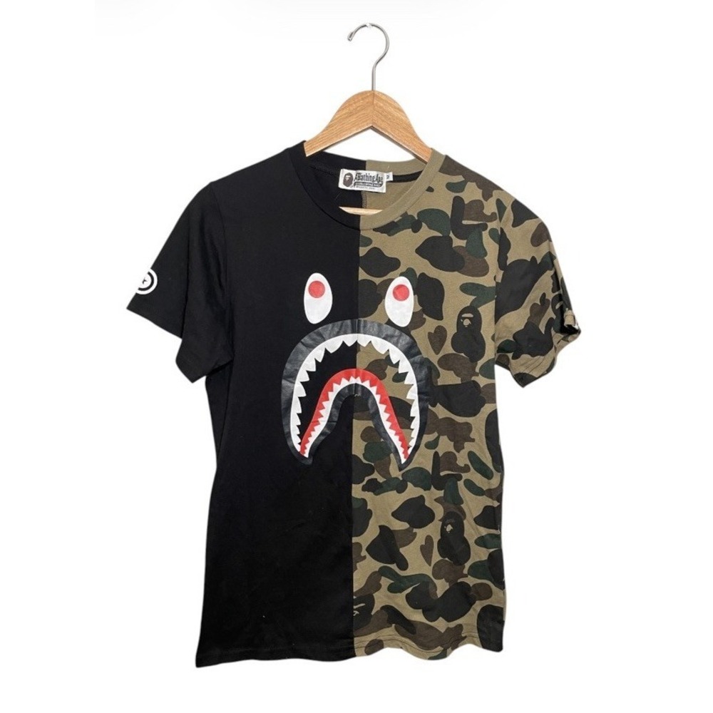 A Bathing Ape WGM Mens Split Camo Black Shark‎ Head Graphic T Shirt Medium